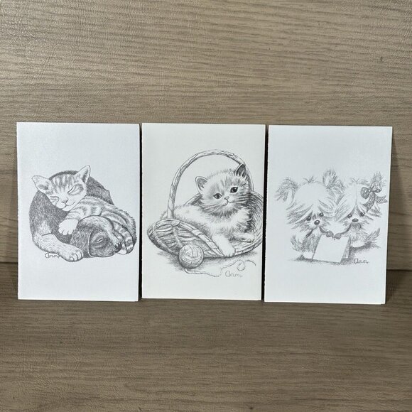 Vtg Blank Greeting Cards Drawing Ann Adams Cat Dog Card mouth drawn with pencil - Picture 1 of 6